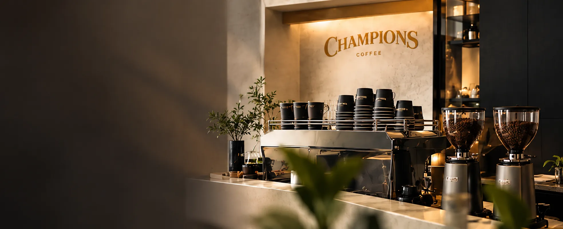 A Champions Coffee bar with espresso machine, grinders and branded cups