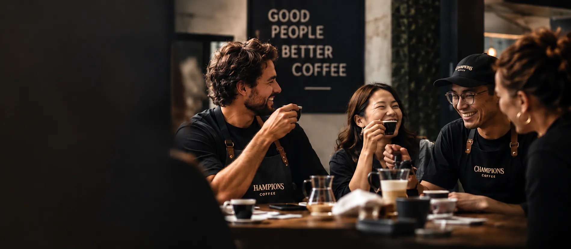 Baristas, a roaster and coffee lovers laughing over cups at a Champions tasting table
