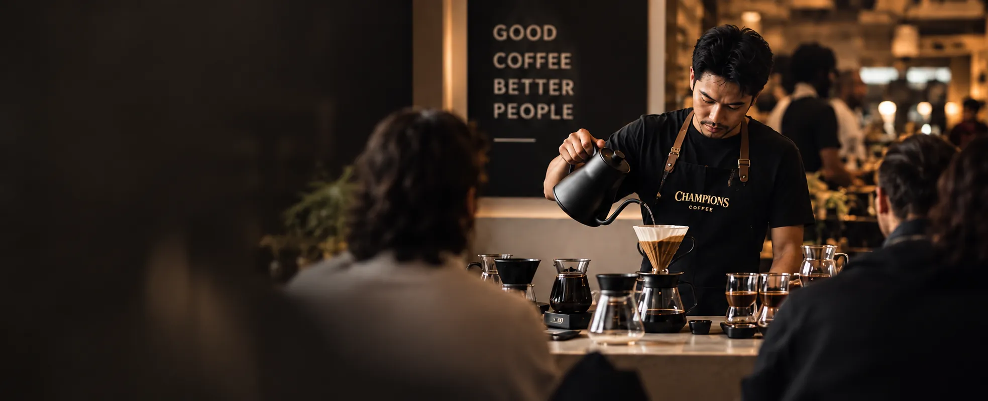 A Champions barista leading a V60 pour-over demonstration for guests