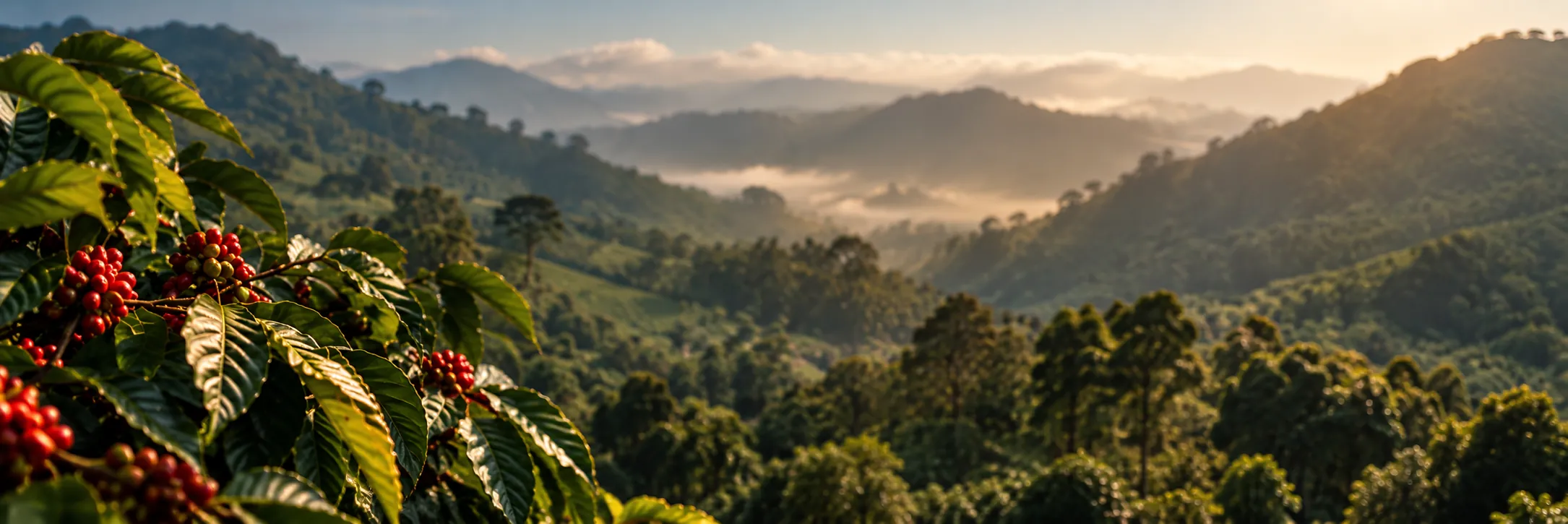 Coffee cherries ripening above misty mountain farms