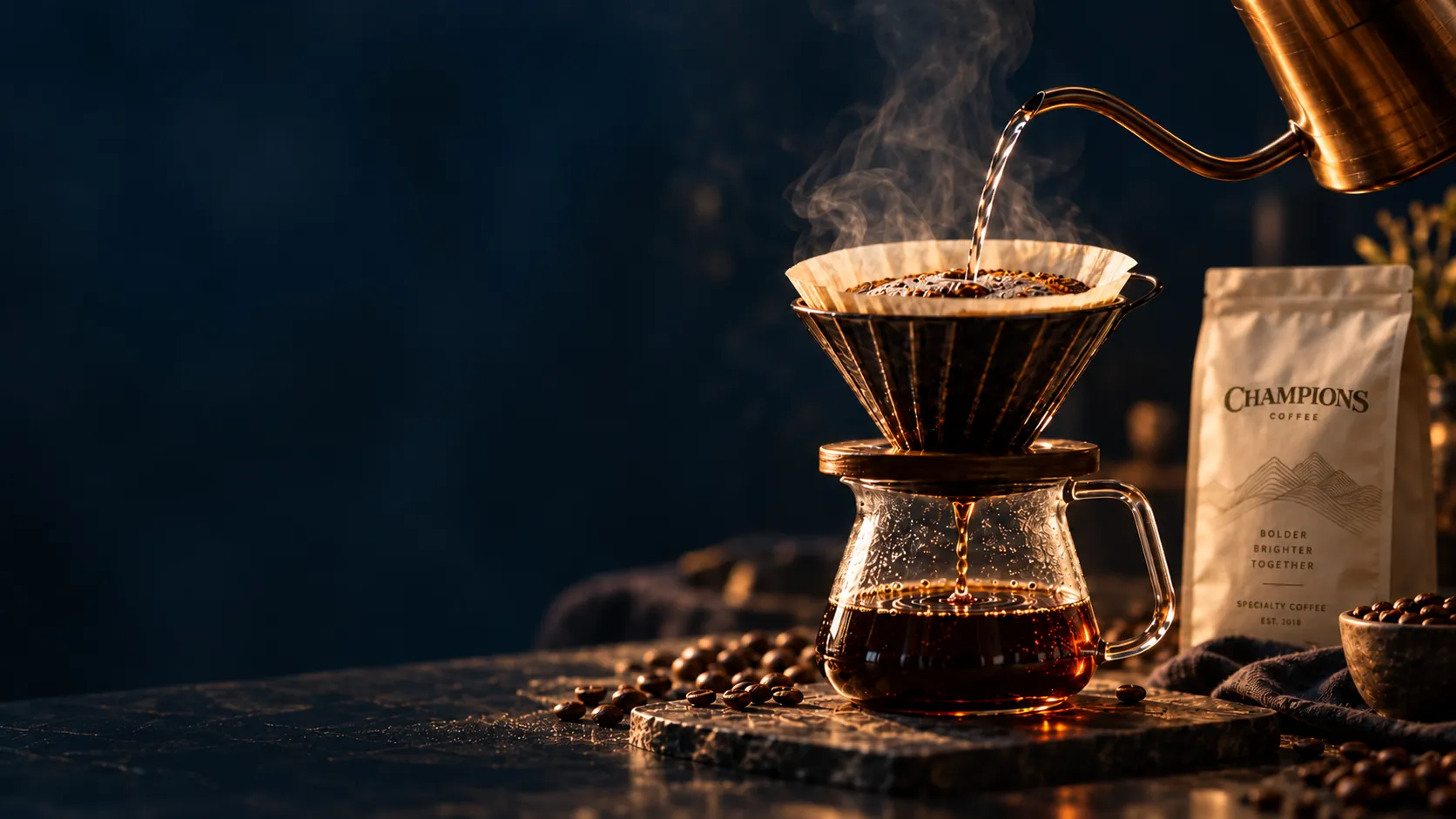 Pour-over coffee brewing beside a Champions Coffee bag